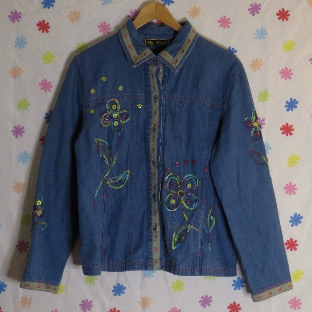 Embroidered Patterned Denim Shirt Jacket by Mirasol